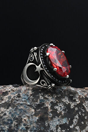 Ay Yıldız Figürlü Ay Yıldızlı (AY YILDIZ) 925 Ayar Gümüş Erkek Yüzüğü Kırmızı Zirkon Taşlı 901553