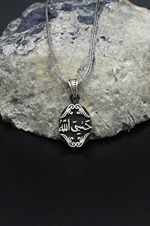 Hasbiyallah Yazılı (ALLAH BANA YETER) 925 Ayar Gümüş Kolye Zincir 901562