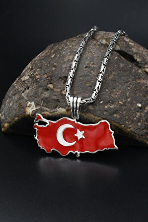 Türk Bayrağı ( Ay Yıldızlı ) Mineli 925 Ayar Gümüş Kolye Kral Zincir 2Mm 901580