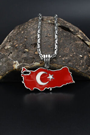 Türk Bayrağı ( Ay Yıldızlı ) Mineli 925 Ayar Gümüş Kolye Kral Zincir 2Mm 901580