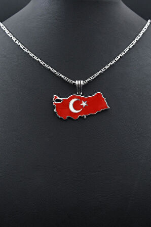 Türk Bayrağı ( Ay Yıldızlı ) Mineli 925 Ayar Gümüş Kolye Kral Zincir 2Mm 901580