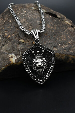 Kral Taclı Aslan Figürlü 925 Ayar Gümüş Kolye Kral Zincir 2Mm 901588