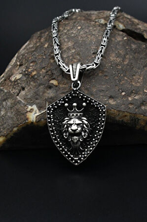 Kral Taclı Aslan Figürlü 925 Ayar Gümüş Kolye Kral Zincir 2Mm 901588