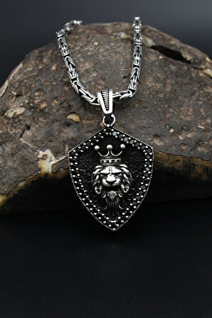 Kral Taclı Aslan Figürlü 925 Ayar Gümüş Kolye Kral Zincir 2Mm 901588