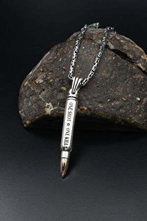 Mermi Modelı (ONE SHOT.ONE KILL) Yazlı 925 Ayar Erkek Gümüş Kolye Kral Zincir 2Mm 901591