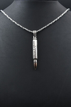 Mermi Modelı (ONE SHOT.ONE KILL) Yazlı 925 Ayar Erkek Gümüş Kolye Kral Zincir 2Mm 901591