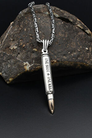 Mermi Modelı (ONE SHOT.ONE KILL) Yazlı 925 Ayar Erkek Gümüş Kolye Kral Zincir 2Mm 901591