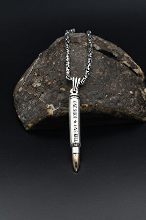 Mermi Modelı (ONE SHOT.ONE KILL) Yazlı 925 Ayar Erkek Gümüş Kolye Kral Zincir 2Mm 901591