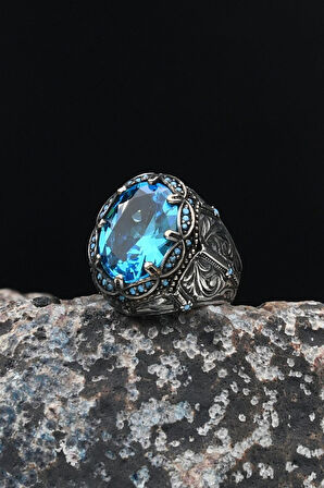 Akua Marine (AQUA MARİN) Taşlı Turkuaz Taş Süslemeli 925 Ayar Gümüş Erkek Yüzük 901617