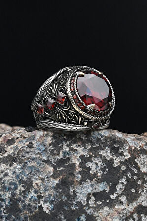 Kırmızı Zirkon Taşlı Erkek Yüzüğü Zirkon Taş Süslemeli 925 Ayar Gümüş 901618