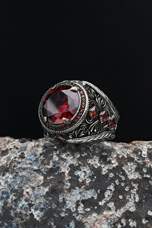 Kırmızı Zirkon Taşlı Erkek Yüzüğü Zirkon Taş Süslemeli 925 Ayar Gümüş 901618