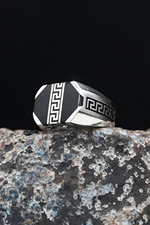 Grek Desenli Mineli 925 Ayar Gümüş Erkek Yüzüğü 901620