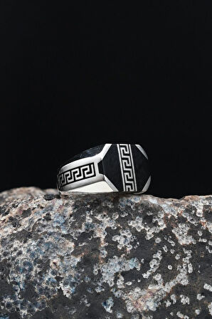 Grek Desenli Mineli 925 Ayar Gümüş Erkek Yüzüğü 901620