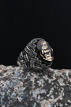 Mührü Şerif 925 Ayar Gümüş Erkek Yüzüğü Sıkma Kehribar Taşlı 901638