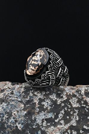 Mührü Şerif 925 Ayar Gümüş Erkek Yüzüğü Sıkma Kehribar Taşlı 901638