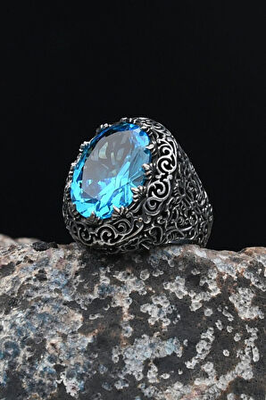 925 Ayar Gümüş Erkek Yüzük Akua Marine (AQUA MARİN) Taşlı Turkuaz Taş Süslemeli 901645