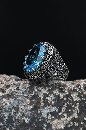 925 Ayar Gümüş Erkek Yüzük Akua Marine (AQUA MARİN) Taşlı Turkuaz Taş Süslemeli 901645