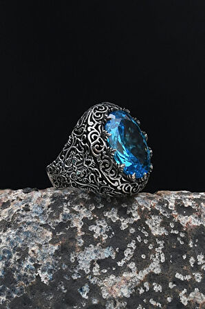 925 Ayar Gümüş Erkek Yüzük Akua Marine (AQUA MARİN) Taşlı Turkuaz Taş Süslemeli 901645