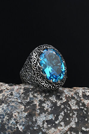 925 Ayar Gümüş Erkek Yüzük Akua Marine (AQUA MARİN) Taşlı Turkuaz Taş Süslemeli 901645