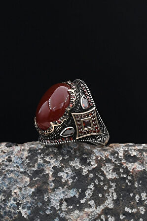 Akik Taşlı Zirkon Taş Süslemeli 925 Ayar Gümüş Erkek Yüzüğü 901678