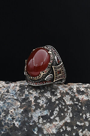 Akik Taşlı Zirkon Taş Süslemeli 925 Ayar Gümüş Erkek Yüzüğü 901678