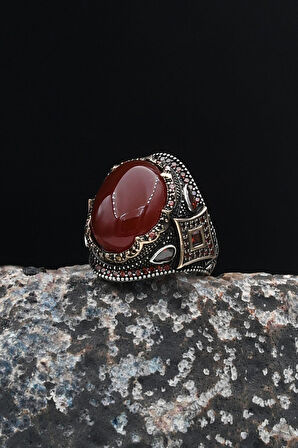 Akik Taşlı Zirkon Taş Süslemeli 925 Ayar Gümüş Erkek Yüzüğü 901678