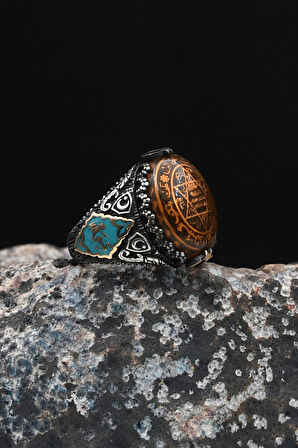 Hz. Süleyman Mührü ve Hasbiyallah Yazılı Sıkma Kehribar Taşlı 925 Ayar Gümüş Erkek Yüzüğü 901680