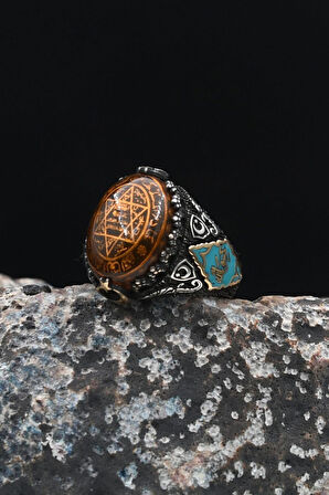 Hz. Süleyman Mührü ve Hasbiyallah Yazılı Sıkma Kehribar Taşlı 925 Ayar Gümüş Erkek Yüzüğü 901680