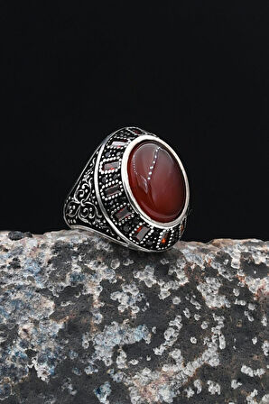 925 Ayar Gümüş Erkek Yüzüğü Akik Taşlı Baget Taş Süslemeli 901684