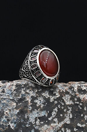 925 Ayar Gümüş Erkek Yüzüğü Akik Taşlı Baget Taş Süslemeli 901684