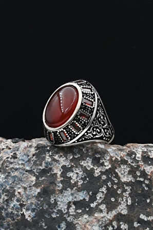 925 Ayar Gümüş Erkek Yüzüğü Akik Taşlı Baget Taş Süslemeli 901684