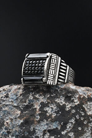 Kare Siyah Baget Taşlı 925 Ayar Gümüş Erkek Yüzüğü 901717