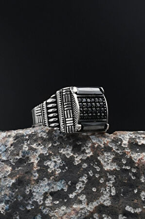 Kare Siyah Baget Taşlı 925 Ayar Gümüş Erkek Yüzüğü 901717