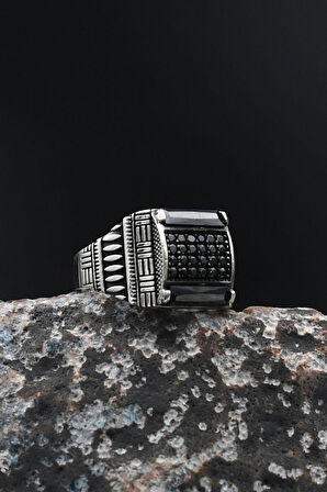 Kare Siyah Baget Taşlı 925 Ayar Gümüş Erkek Yüzüğü 901717