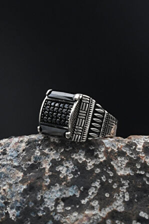 Kare Siyah Baget Taşlı 925 Ayar Gümüş Erkek Yüzüğü 901717