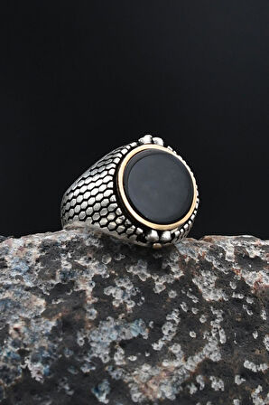 Çift Tarafli Oniks Taşlı ve Terazi Figürlü 925 Ayar Gümüş Erkek Yüzüğü 901724