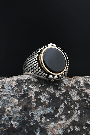 Çift Tarafli Oniks Taşlı ve Terazi Figürlü 925 Ayar Gümüş Erkek Yüzüğü 901724