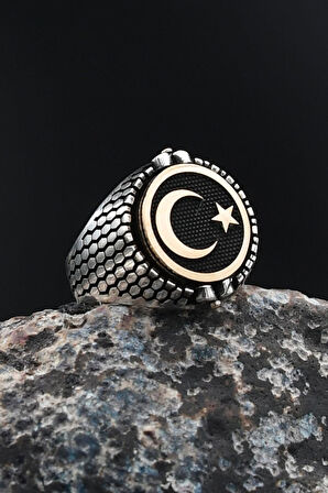 Çift Tarafli Oniks Taşlı ve Ay Yıldızlı (AYYILDIZLI) 925 Ayar Gümüş Erkek Yüzüğü 901726