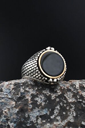 Çift Tarafli Oniks Taşlı ve Ay Yıldızlı (AYYILDIZLI) 925 Ayar Gümüş Erkek Yüzüğü 901726