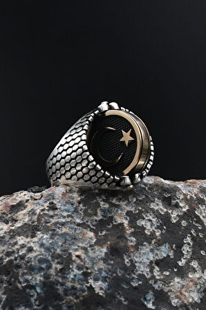 Çift Tarafli Oniks Taşlı ve Ay Yıldızlı (AYYILDIZLI) 925 Ayar Gümüş Erkek Yüzüğü 901726