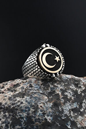 Çift Tarafli Oniks Taşlı ve Ay Yıldızlı (AYYILDIZLI) 925 Ayar Gümüş Erkek Yüzüğü 901726