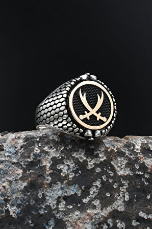 Çift Tarafli Yeşil Akik Taşlı ve Zülfikar Hz. Ali'nin Kılıcı Figürlü 925 Ayar Gümüş Erkek Yüzüğü 901729