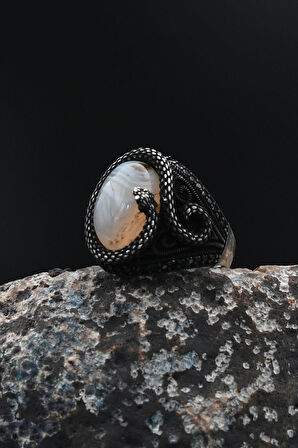 Yemen Akik Taşlı Yılan Figürlü 925 Ayar Gümüş Yüzüğü 901731