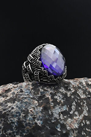Erkek Yüzüğü Ametist Taşlı 925 Ayar Gümüş  Zirkon Taş Süslemeli 901753
