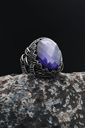 Erkek Yüzüğü Ametist Taşlı 925 Ayar Gümüş  Zirkon Taş Süslemeli 901753