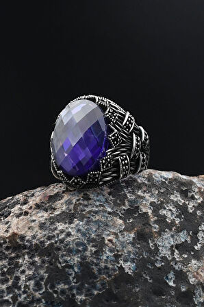 Erkek Yüzüğü Ametist Taşlı 925 Ayar Gümüş  Zirkon Taş Süslemeli 901753