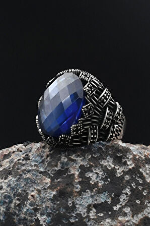 Lacivert Zirkon Taşlı Zirkon Taş Süslemeli Erkek Yüzüğü 925 Ayar Gümüş 901755