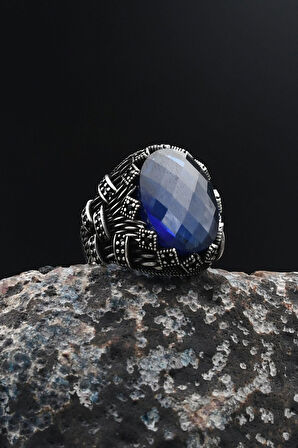 Lacivert Zirkon Taşlı Zirkon Taş Süslemeli Erkek Yüzüğü 925 Ayar Gümüş 901755