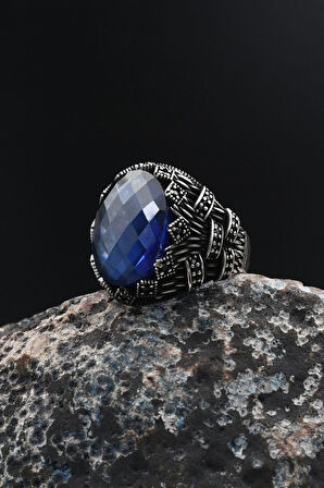 Lacivert Zirkon Taşlı Zirkon Taş Süslemeli Erkek Yüzüğü 925 Ayar Gümüş 901755