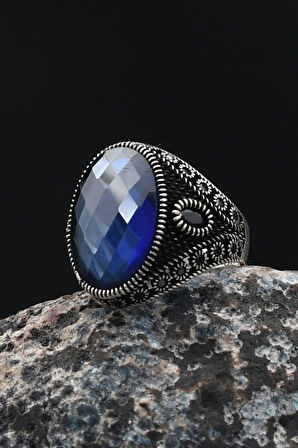 Erkek Yüzüğü Lacivert Zirkon Taşlı Zirkon Taş Süslemeli 925 Ayar Gümüş 901765